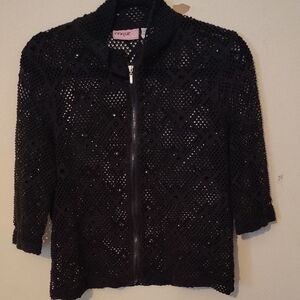 Onque Casuals Black Crocheted Zip Front Top
